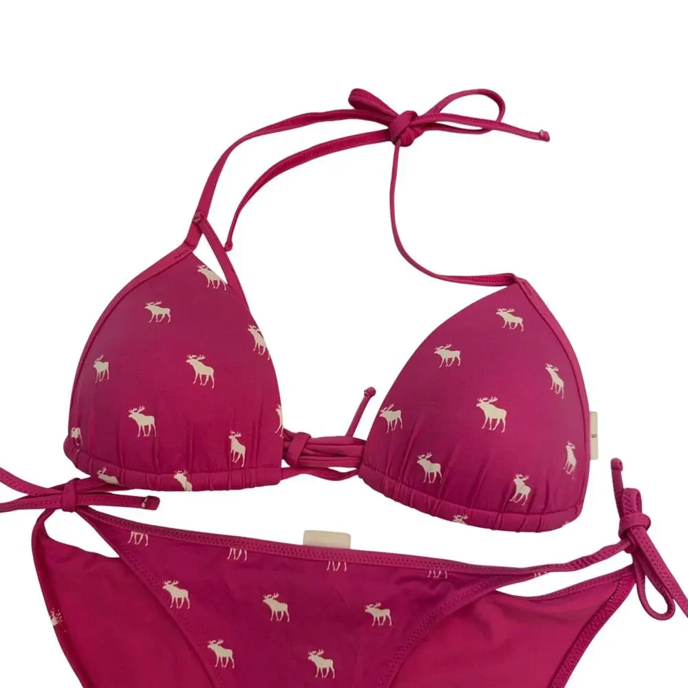Vintage Y2K 2000s Abercrombie Pink Moose Print Bikini Swimsuit S/M